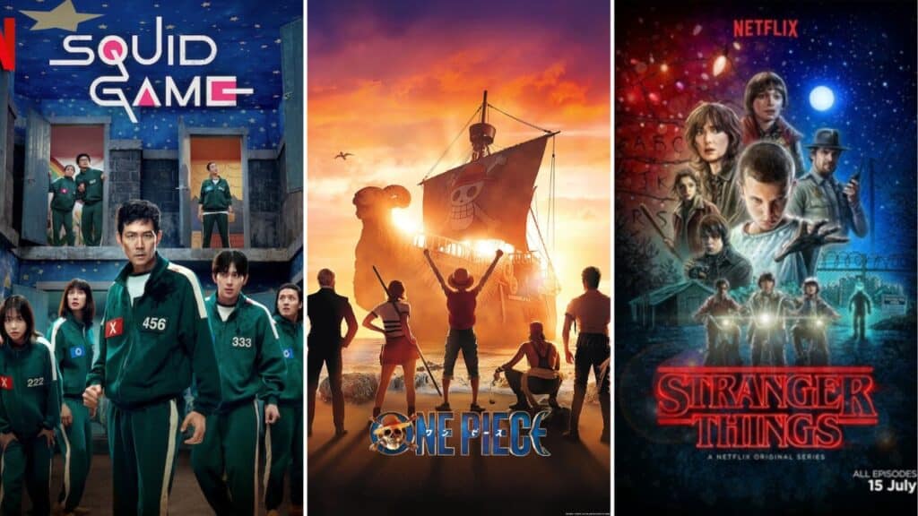 A collage featuring Squid Game, One Piece, and Stranger Things, showcasing popular Netflix series across action, adventure, and sci fi genres.