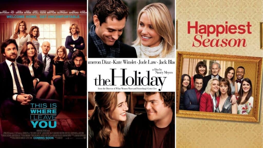 A collage featuring This Is Where I Leave You, The Holiday, and Happiest Season, showcasing heartwarming ensemble and romantic Christmas films similar to The Family Stone.