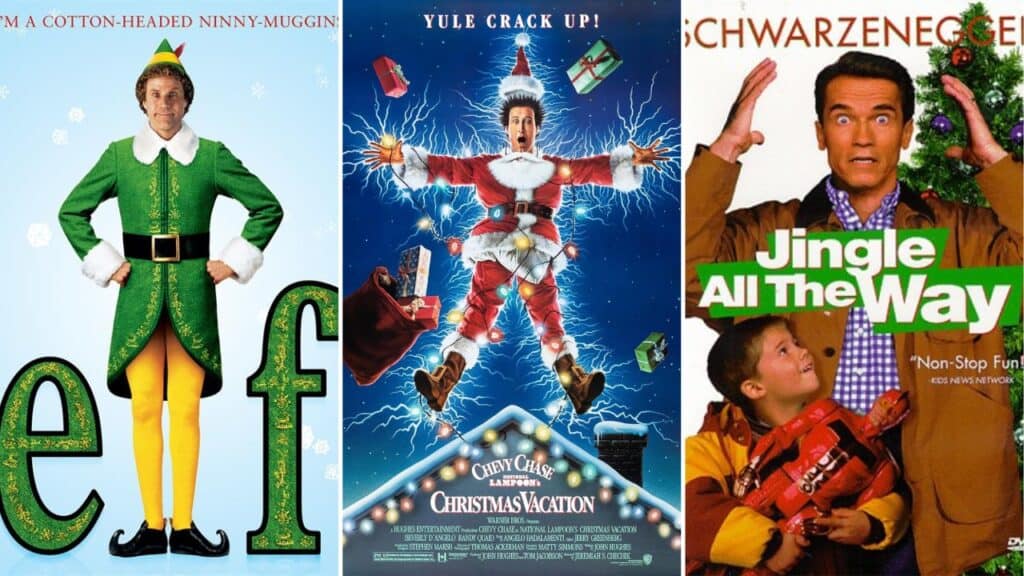 A collage featuring Elf, National Lampoon’s Christmas Vacation, and Jingle All the Way, showcasing popular Christmas comedies available to stream on Hulu.