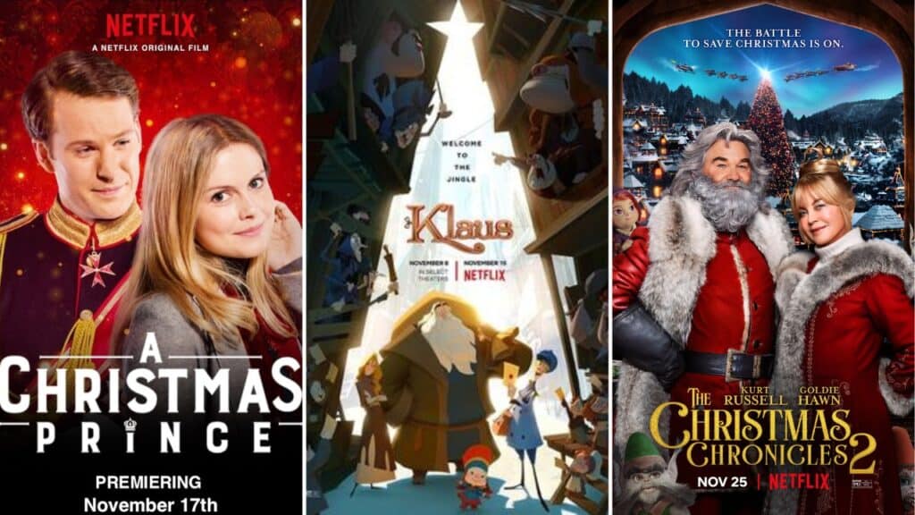 A collage featuring A Christmas Prince, Klaus, and The Christmas Chronicles 2, showcasing popular Christmas movies available to stream on Netflix.