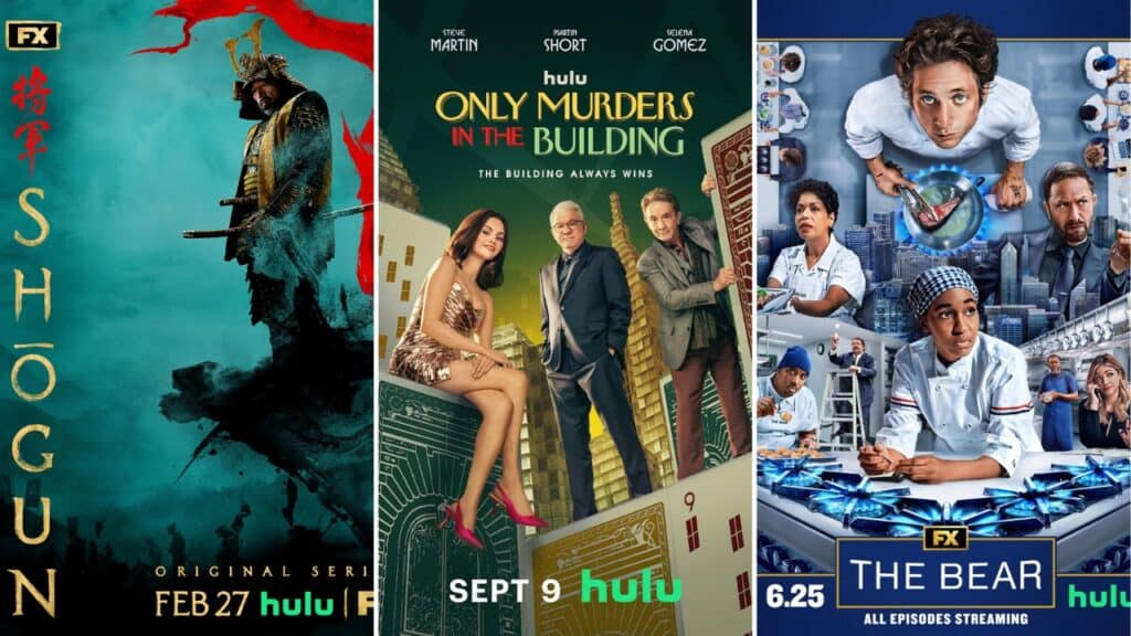 A collage featuring Shogun, Only Murders in the Building, and The Bear, showcasing popular Hulu series across drama, comedy, and culinary storytelling.