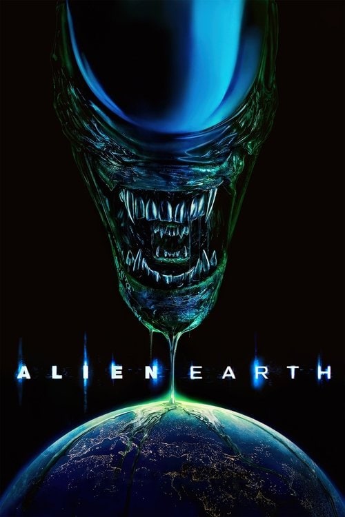A dramatic, vertical movie poster. The top half is dominated by the close-up, visceral face of a sleek Xenomorph, rendered in dark greens and blacks. Its elongated head has a blue dome and its open mouth exposes multiple rows of sharp, metallic teeth. A single thick stream of glowing, bright green acid is dripping from its jawline directly down to the center of the Earth, which is visible as a globe at the bottom. The Earth glows green where the acid touches it. The white text "ALIEN EARTH" is split across the middle in a clean, space-age font.