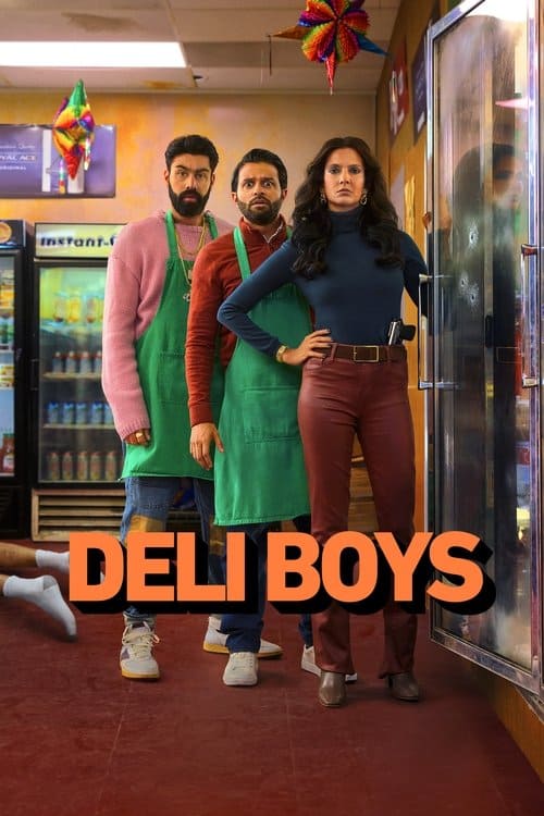 A group cast poster for "Deli Boys." In the center, a woman in red leather pants and a dark turtleneck stands confidently with one hand on her hip, a gun visible tucked into her waistband. Behind her are two men in green aprons: the man on the left is large with a black beard and a pink sweater, and the man on the right has shorter hair. They are all looking at the camera. The background is a brightly lit, cluttered convenience store interior, with refrigerators and products visible. A colorful decorative star hangs from the ceiling. The text "DELI BOYS" is at the bottom in bold, 3D orange letters.