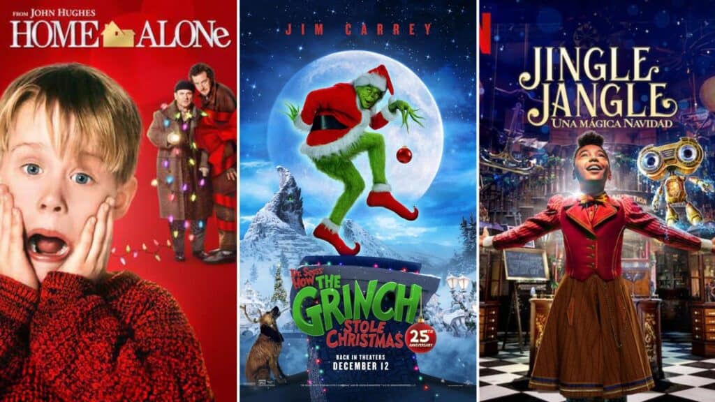 Three movie posters of Christmas Movies Like The Grinch: Home Alone, The Grinch, Jingle Jangle