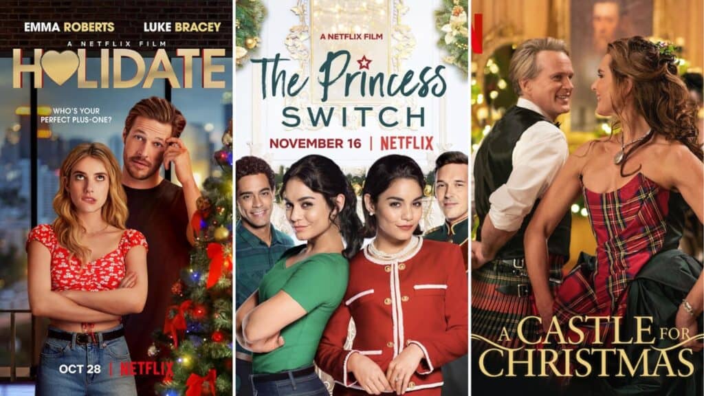 Collage featuring Holidate, The Princess Switch, and A Castle for Christmas as romantic Christmas movies similar to The Holiday.