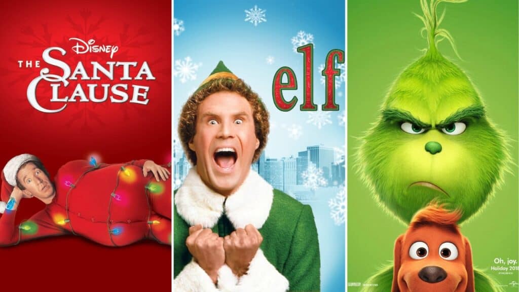 Collage of kids Christmas movies including The Santa Clause, Elf, and The Grinch on a festive holiday background.