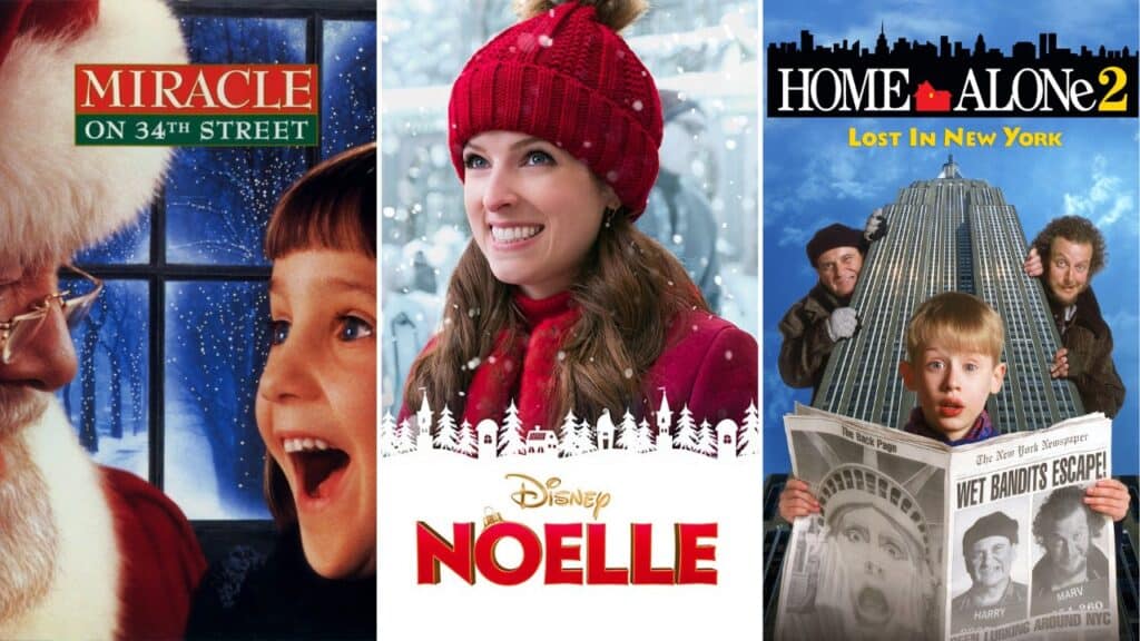 Collage of Disney Plus Christmas movies including Miracle on 34th Street, Noelle, and Home Alone 2.