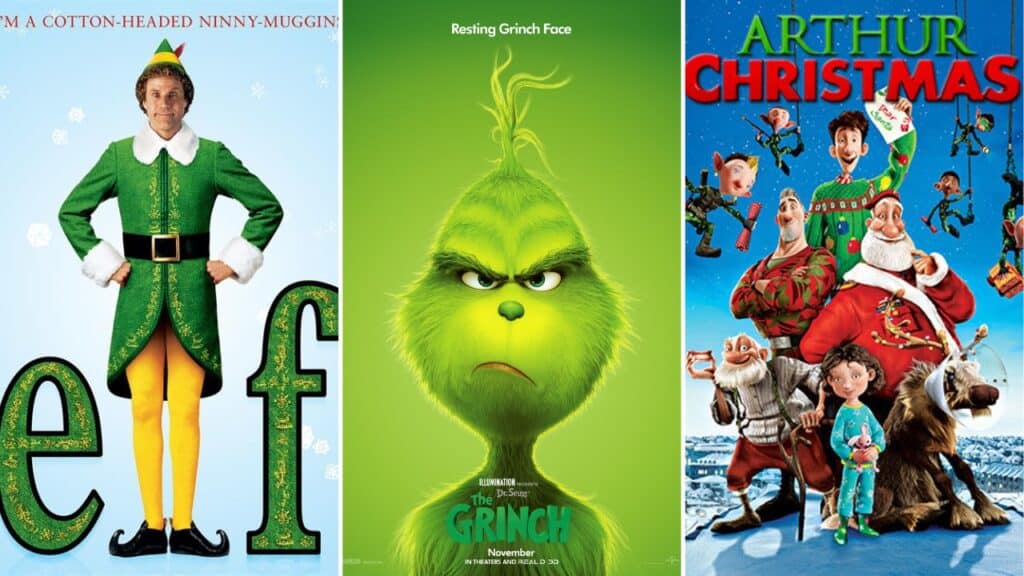 Promotional posters for Elf, The Grinch, and Arthur Christmas lined up together, showcasing popular movies for kids during the holiday season.