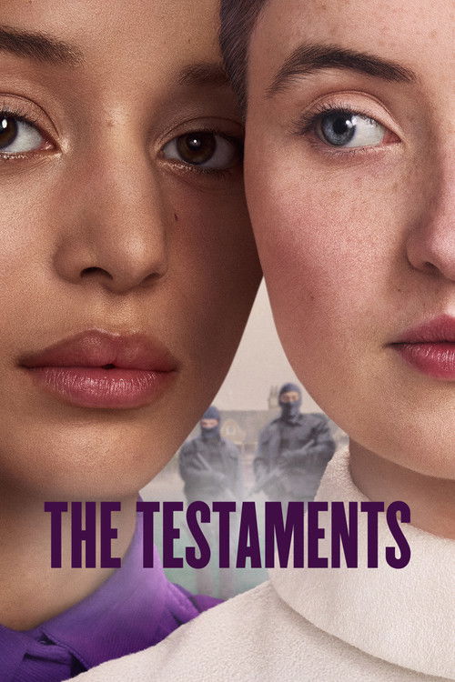A dramatic and intense vertical poster for "The Testaments." The image is a split-face composition. On the left is the close-up profile of a woman with warm-toned skin and a dark eye, her face in shadows. On the right, perfectly aligned, is the close-up face of another woman with pale, freckled skin and a striking blue eye, her face illuminated. In the blurred background between them, three fully masked, tactical figures in dark blue gear hold rifles in front of a brick building. The text "THE TESTAMENTS" is in large white letters across the bottom.