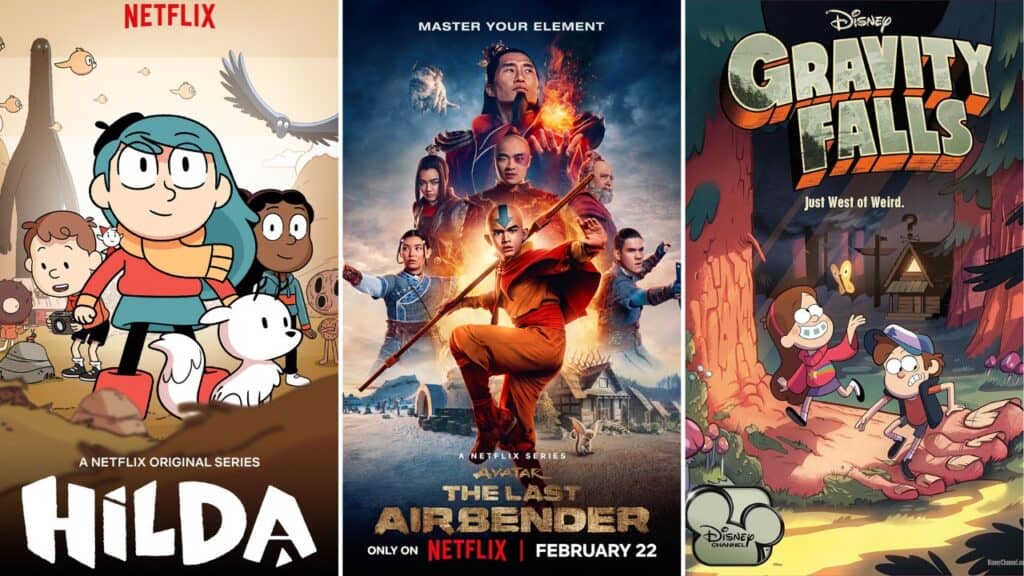 Family friendly adventure shows featuring Hilda, Avatar The Last Airbender, and Gravity Falls characters.