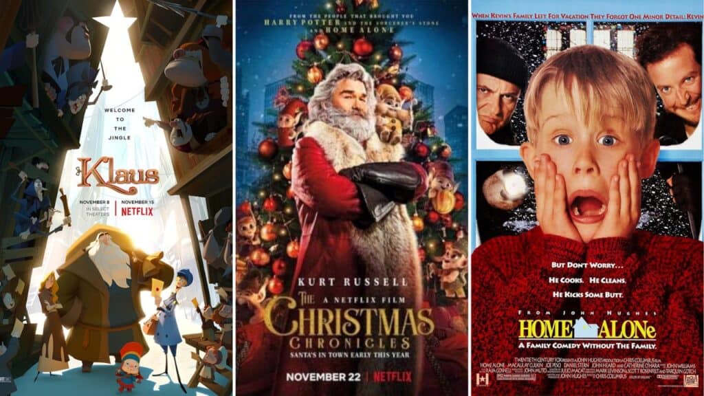 Posters for Klaus, The Christmas Chronicles, and Home Alone displayed side by side, highlighting beloved holiday movies for kids.
