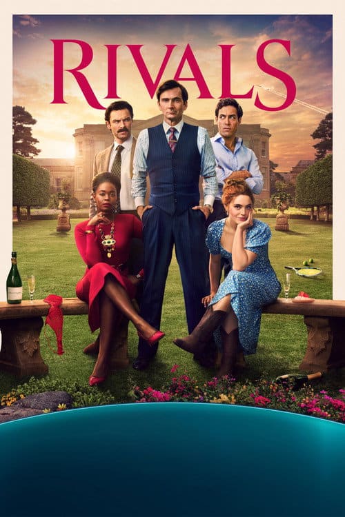 A publicity poster for "Rivals." The central figure is David Tennant, standing tall with hands in his pockets in a navy pinstripe waistcoat, looking serious. Behind him stand two other men in suits, arms crossed, matching his look. Seated in the foreground are two women: a woman in a red dress with a striking necklace (looking forward, thoughtful) and a woman in a blue patterned dress with cowboy boots (leaning on her elbow, casual smile). The entire group is on a green lawn in front of a large English country estate house, with the orange glow of twilight on the horizon. A champagne bottle and tennis racket are on the ground nearby. The large white text "RIVALS" is across the top.