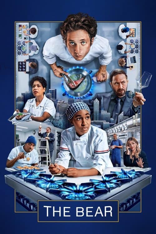 A vertically oriented poster for "The Bear" with a deep blue background. Jeremy Allen White, in chef whites with his arms crossed over a gas stove, is positioned at the top center, staring directly down at the camera. Flanking the stove are smaller vignettes of other cast members (Ebon Moss-Bachrach, Ayo Edebiri, Lionel Boyce) preparing food and interacting, built around an illuminated city skyline that forms part of the table setting. The stove is lit with blue flames, casting a strong glow upward. The white text "THE BEAR" is at the bottom center.