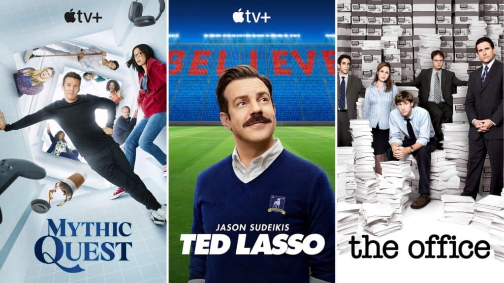 Promotional collage of Mythic Quest, Ted Lasso, and The Office representing Short Comedy Series You Can Binge in a Weekend.