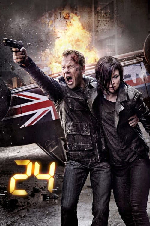 A vertical action poster for the series 24, featuring Jack Bauer (Kiefer Sutherland) shouting and aiming a handgun while supporting a wounded woman (Mary Lynn Rajskub) in a leather jacket. In the background, an explosion erupts near a vehicle bearing the British Union Jack flag. The iconic yellow digital