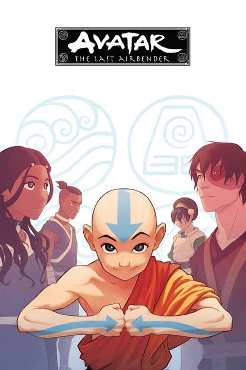 Avatar The Last Airbender poster showing Aang in the foreground with Katara, Sokka, Toph, and Zuko behind him.