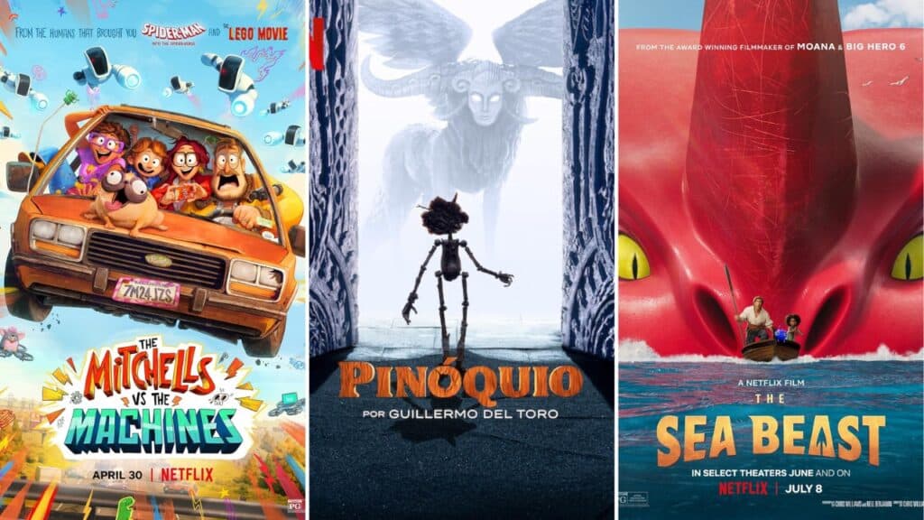 Posters for The Mitchells vs the Machines, Guillermo del Toro’s Pinocchio, and The Sea Beast highlighting the best animated movies on Netflix for kids and teens.