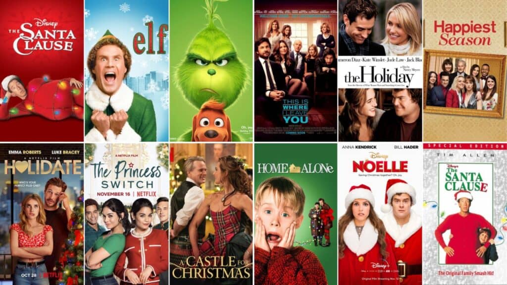 Collage of popular Christmas movies including Elf, The Grinch, The Holiday, Home Alone, Noelle, Holidate, and other festive holiday films.