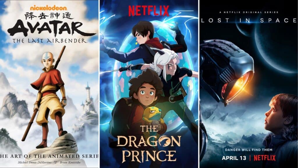 Three posters featuring Avatar The Last Airbender, The Dragon Prince, and Lost in Space showcasing top picks for the Best Family Friendly Adventure Shows on Netflix.