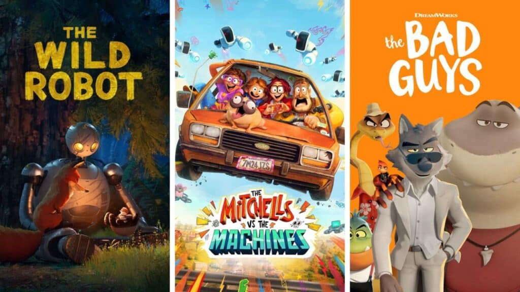 Collage of movie posters for The Wild Robot, The Mitchells vs. the Machines, and The Bad Guys.