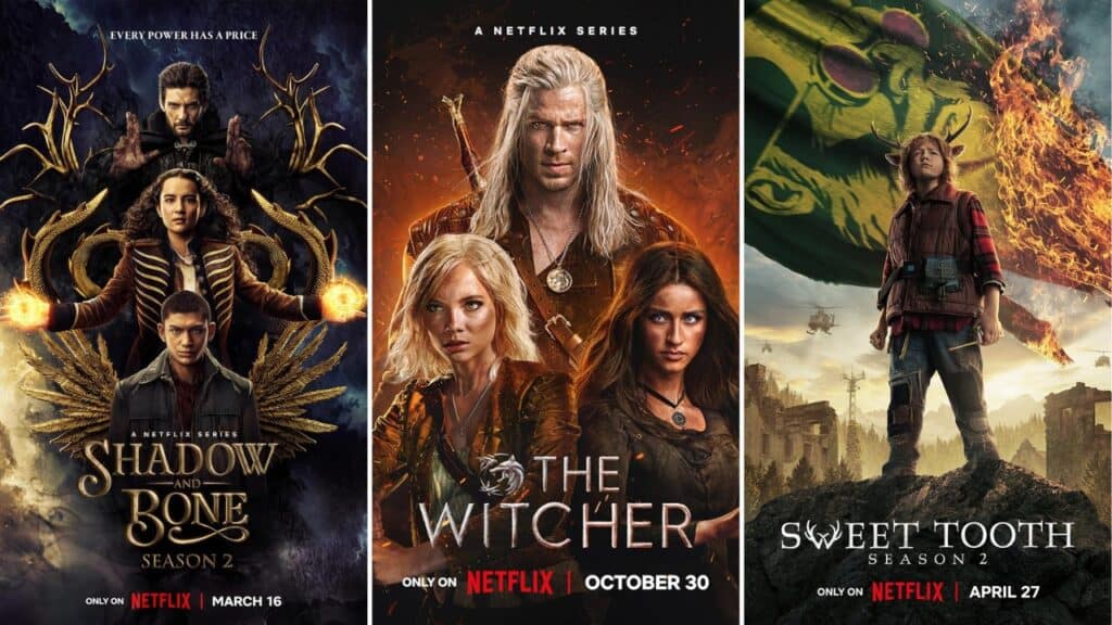 Collage of posters for Shadow and Bone, The Witcher, and Sweet Tooth showing top picks for the Best Fantasy Shows on Netflix for Instant Escape.