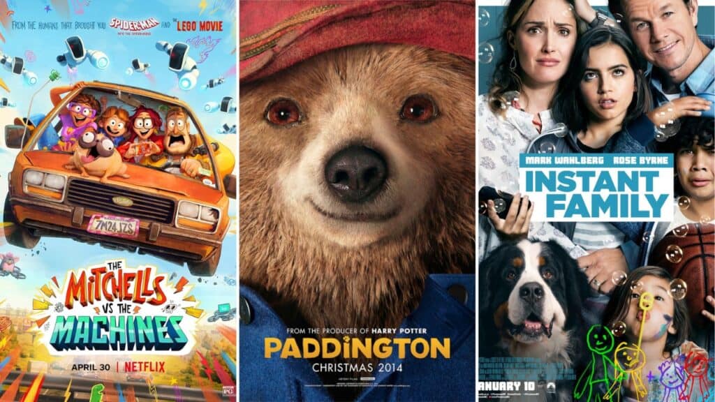 Collage of posters for The Mitchells vs the Machines, Paddington, and Instant Family highlighting top picks for the Best Feel Good Movies on Netflix for Cozy Chill Nights.