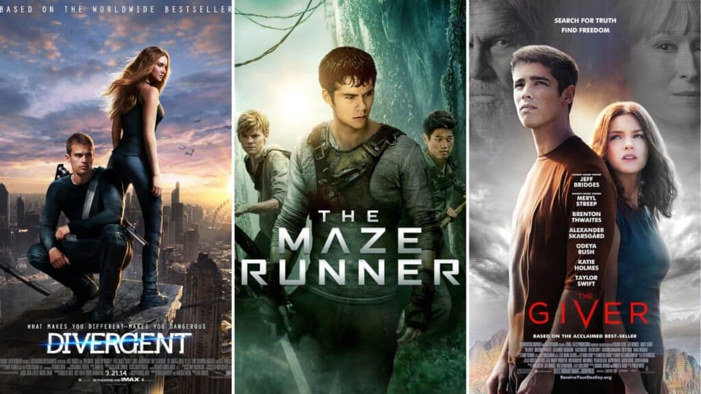 Posters for Divergent, The Maze Runner, and The Giver, three popular dystopian films similar to movies like The Hunger Games.