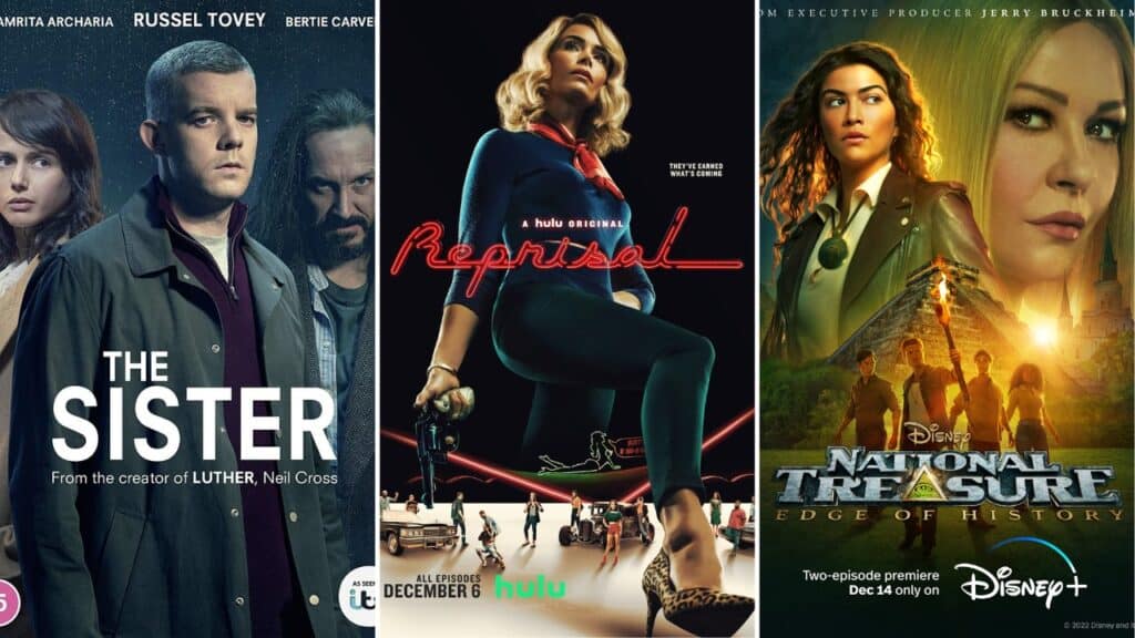 Posters for The Sister, Reprisal, and National Treasure Edge of History, three underrated mystery shows on Hulu that many viewers missed.