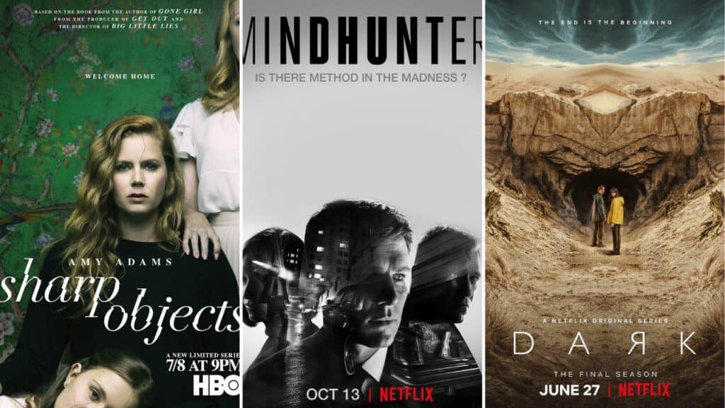 Posters for Sharp Objects, Mindhunter, and Dark, three of the best Netflix mystery shows you need to watch right now.