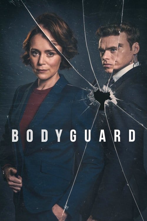 A vertical poster of Keeley Hawes and Richard Madden, seen in a dark, slightly grunge-textured mirror that is fractured by a large bullet hole. Hawes is in a navy blazer on the left, looking toward the viewer, and Madden is in a dark suit with an earpiece on the right, looking right. The white text