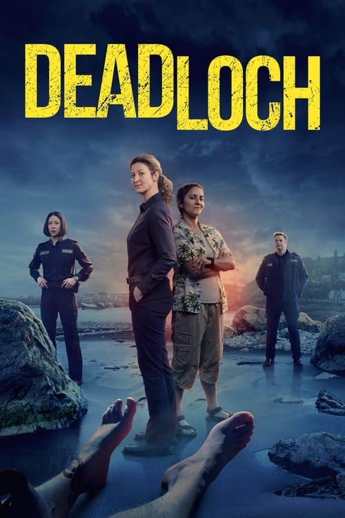 Deadloch poster featuring the main cast standing on a dark coastal crime scene, representing a sharp and funny mystery series.