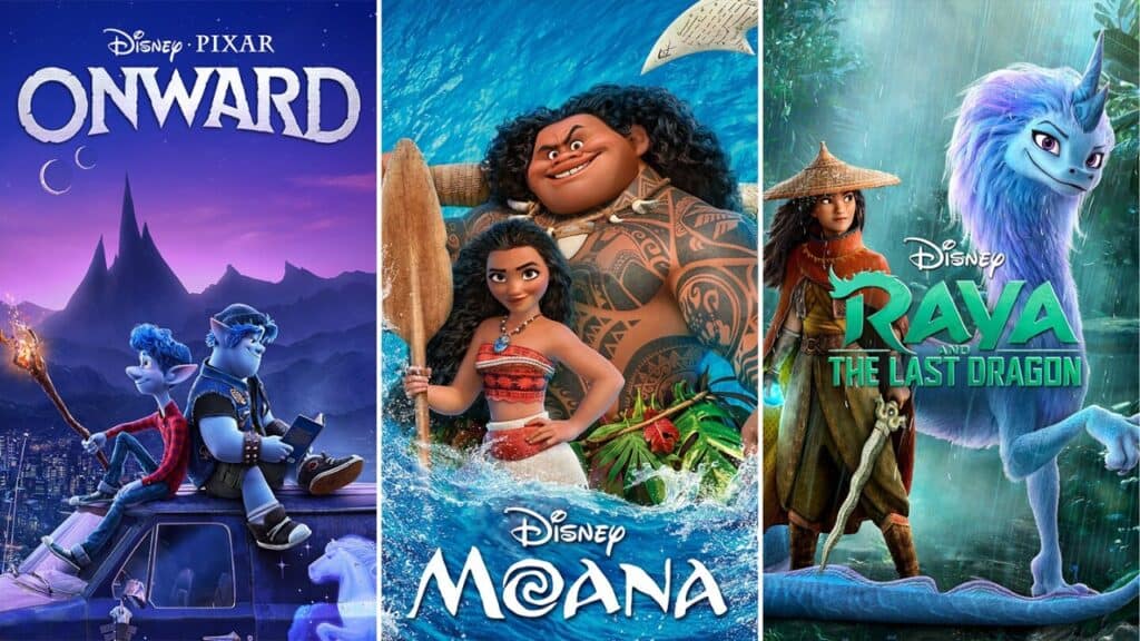 A collage of Disney Plus Movies That Are Actually Worth Your Time featuring Onward, Moana, and Raya and the Last Dragon.