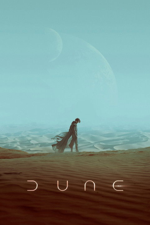A wide-angle movie poster for Dune (2021) with a minimal, teal-blue sky. A small figure of Paul Atreides, with his cloak billowing, walks across a massive, ripple-patterned desert dune landscape. Two large, pale moons hang in the distance. The stylized 'DUNE' text is on the sand at the bottom.