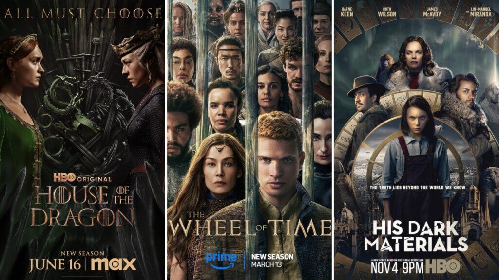 Promotional image featuring House of the Dragon, The Wheel of Time, and His Dark Materials, three fantasy shows like The Witcher with deep lore, epic world-building, and ensemble casts.