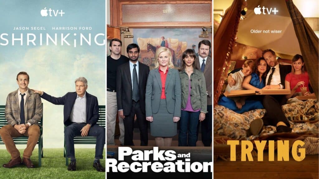 Feel good shows like Ted Lasso including Shrinking, Parks and Recreation, and Trying on Apple TV Plus.