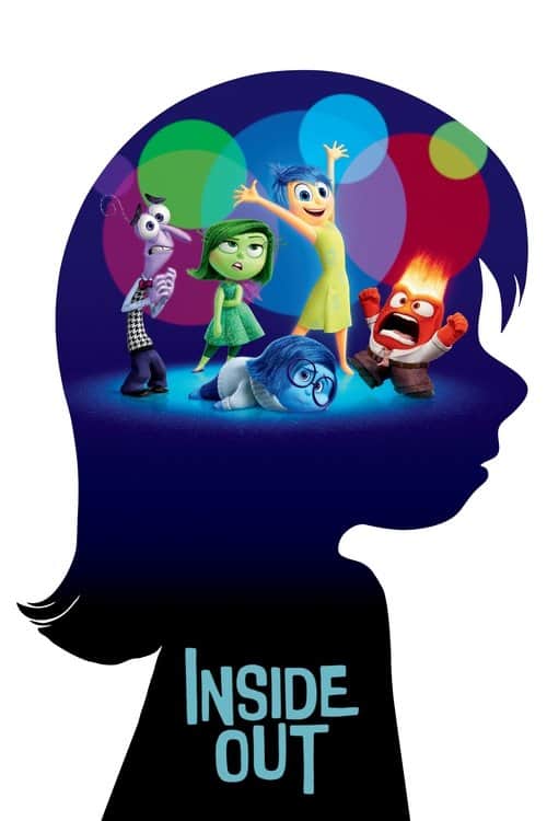 The five emotions—Joy, Sadness, Fear, Disgust, and Anger—standing inside the silhouette of a young girl's head.