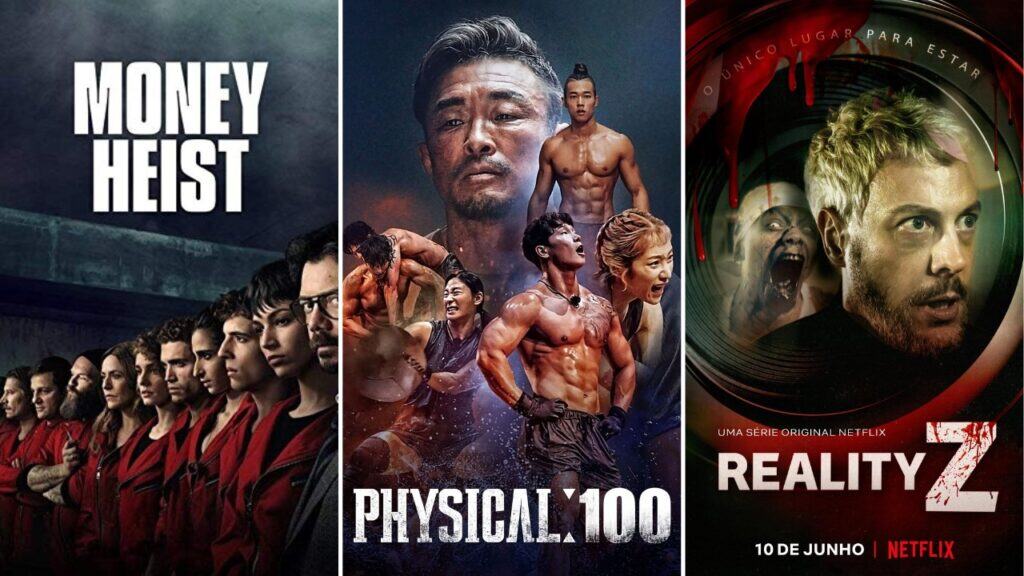 International shows like Squid Game featuring Money Heist, Physical 100, and Reality Z with intense competition and survival themes