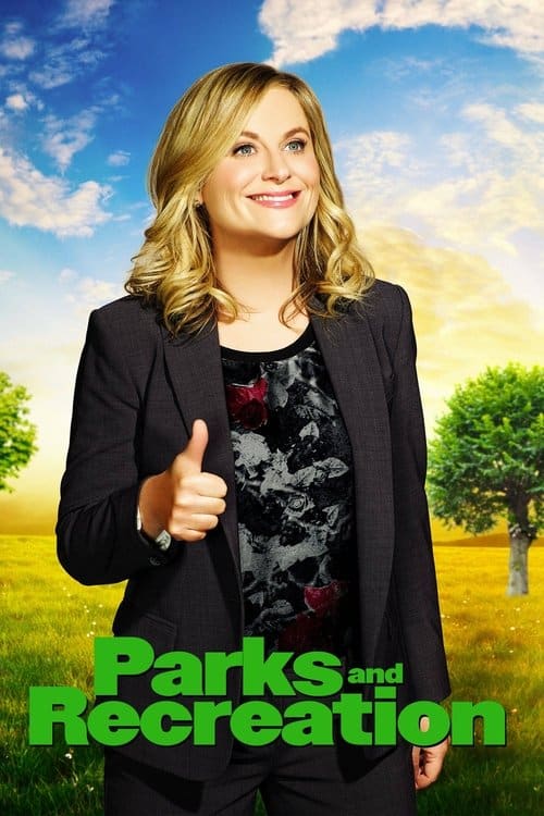 A vertical promotional poster for the TV show "Parks and Recreation" featuring Amy Poehler as Leslie Knope. She is a blonde woman with a wide smile, wearing a dark professional blazer over a floral patterned top, giving an enthusiastic thumbs up. She stands in a vibrant green field with a single tree under a bright blue sky with soft white clouds. The show's title, "Parks and Recreation," is displayed at the bottom in bold, bright green lettering.