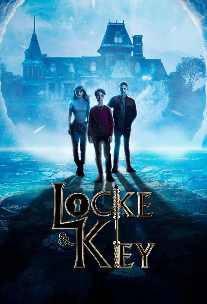Three kids from Locke and Key standing in front of a house.