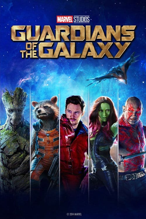 A vibrant Marvel Studios poster for Guardians of the Galaxy, set against a deep blue cosmic nebula background. The original cast (Groot, Rocket, Peter Quill, Gamora, Drax) is shown standing in a vertical lined format. Below the gold title text at the top, a spaceship (the Milano) flies through space.