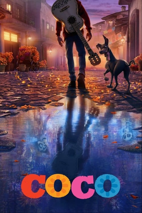 Miguel walking down a cobblestone street at night carrying a guitar, with his skeleton reflection visible in a puddle.