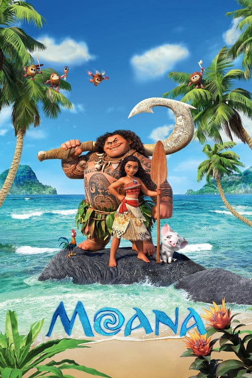 Moana holding an oar next to the demigod Maui on a small tropical island with a vibrant ocean background.