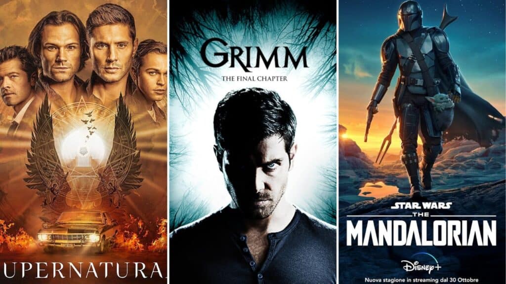 Promotional image featuring Supernatural, Grimm, and The Mandalorian, monster hunting shows like The Witcher with episodic battles, dark creatures, and heroic leads.