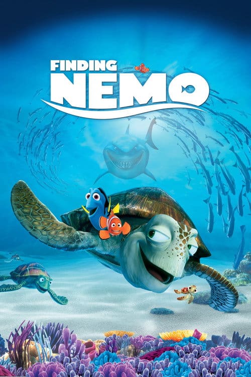 Nemo and Dory riding on the back of Crush the sea turtle through a bright blue coral reef.