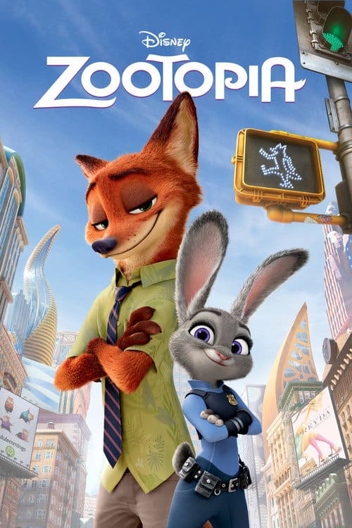 Nick Wilde the fox leaning against a traffic light next to Judy Hopps the rabbit officer in a bustling animal metropolis.