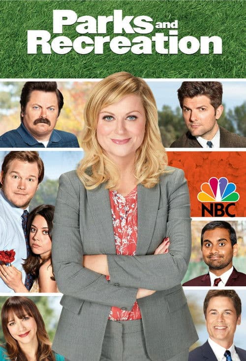 Promotional poster for Parks and Recreation featuring Leslie Knope standing confidently with other Pawnee Parks Department characters around her.