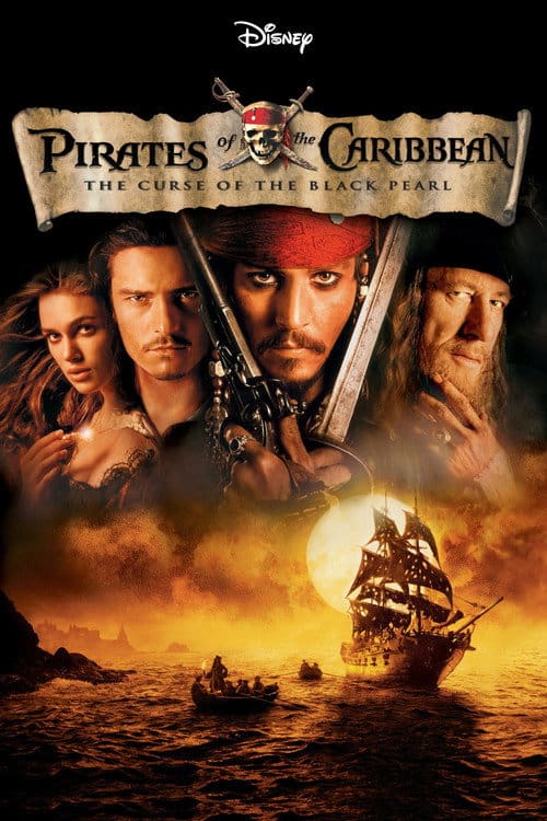 Movie poster featuring Jack Sparrow, Will Turner, and Elizabeth Swann above a pirate ship sailing under a full moon.