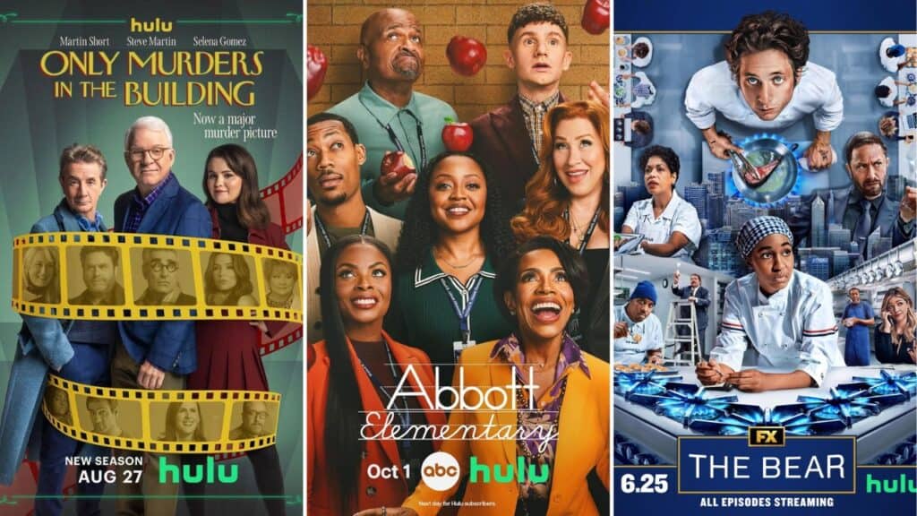 Collage of posters for Only Murders in the Building, Abbott Elementary, and The Bear showcasing top options for Quick Picks on Hulu for When You Don’t Know What to Watch.