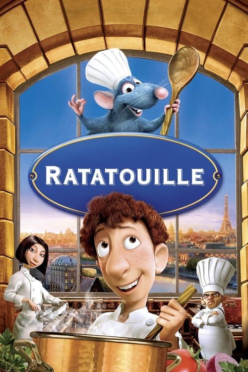 Linguini the chef holding a wooden spoon while Remy the rat peers over a copper pot in a professional Parisian kitchen.
