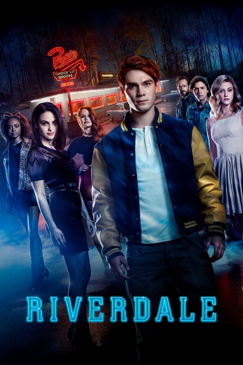 Teenage kids from Riverdale standing outside of diner.